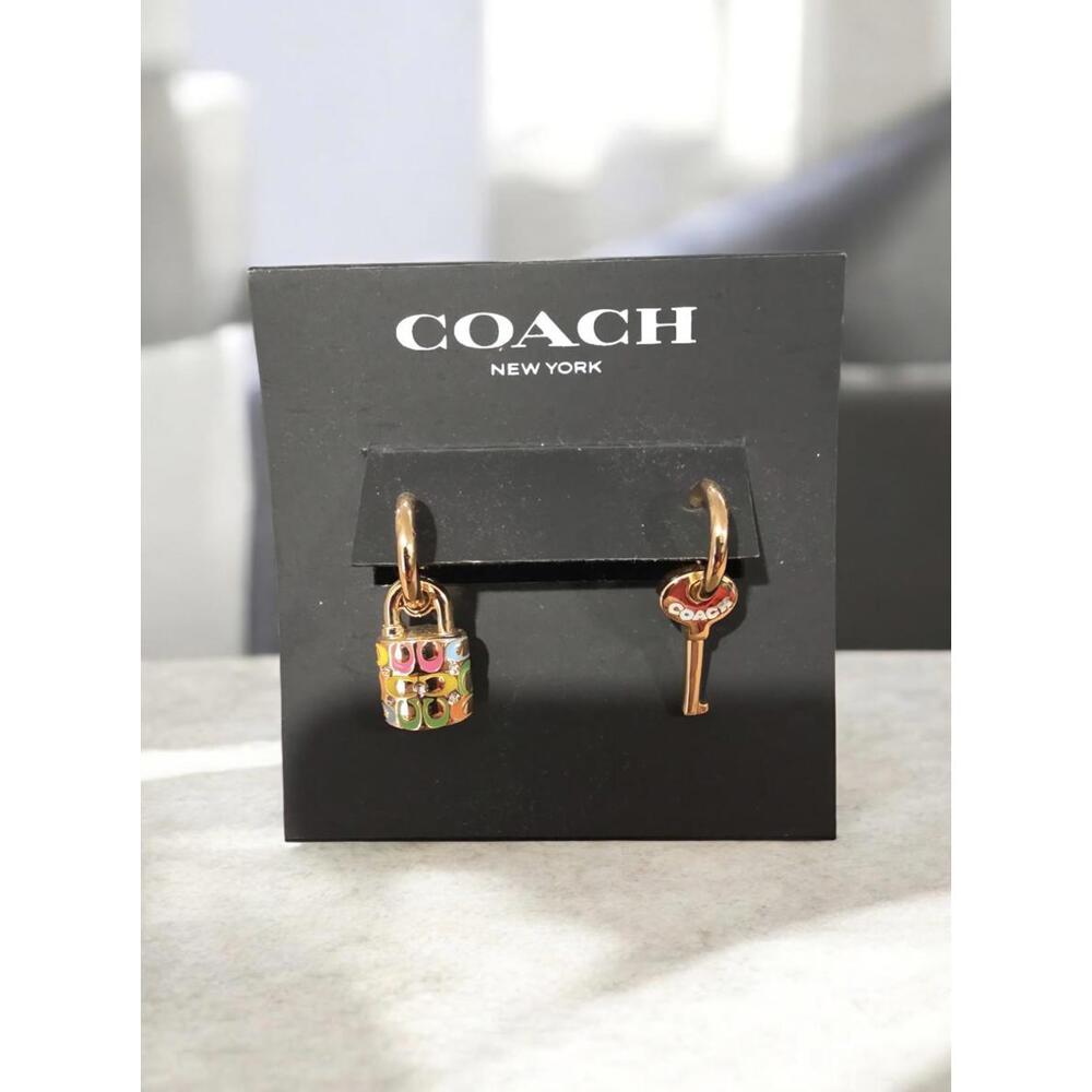 Coach Authentic Lock And Key Huggie Earrings Gold Tone NWT - Picture 1 of 3